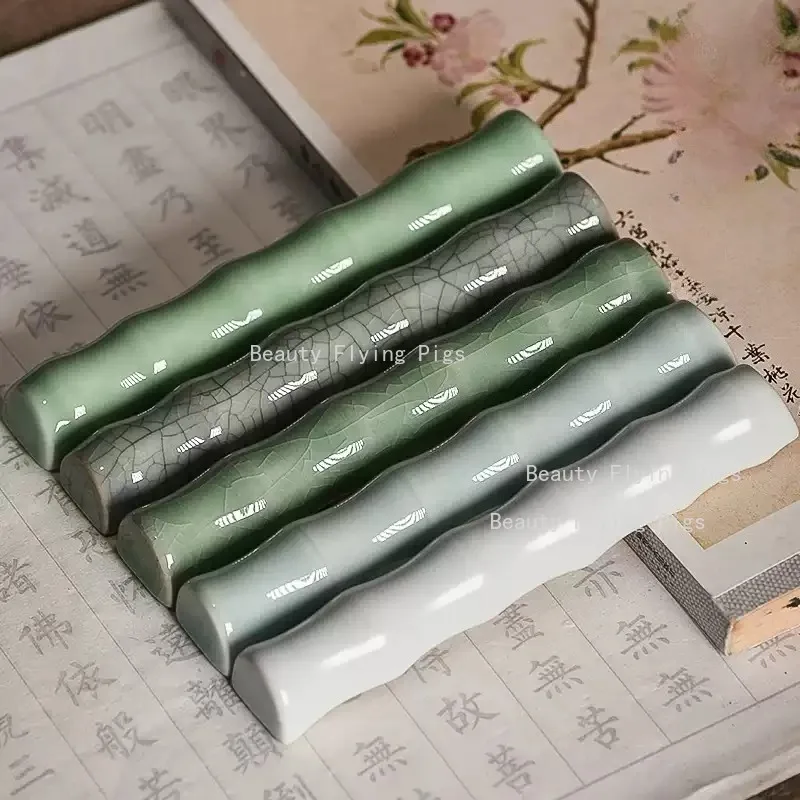 1pc Celadon Bamboo Shape Paper Weight Chinese Calligraphy Paper Press Brush Rest Paperweight for Painting Home Decoration