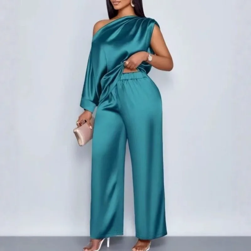 European and American Cross-border Independent Station Casual Women's Satin Suit Diagonal Collar Short-sleeved Top Trousers Suit