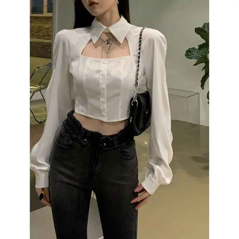 Korean Version Hollowed Out Pure Desire Style Short Shirt for Women Slim Fit and Slimming Long Sleeved Shirt for Women