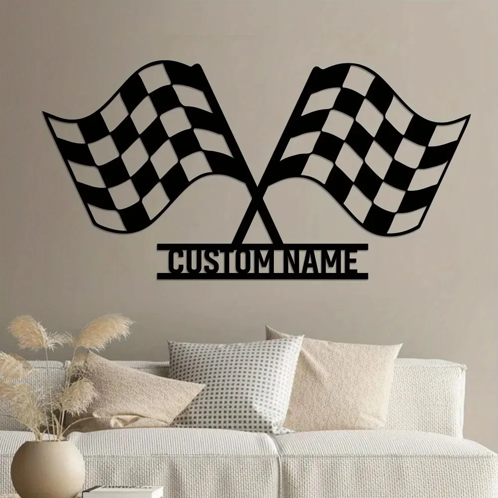 1pc 2D Flat Checkered Flag Iron Wall Plaque Customizable Fairy Tale Family Name Hanging Ornament Decor For Door Kitchen Garden I