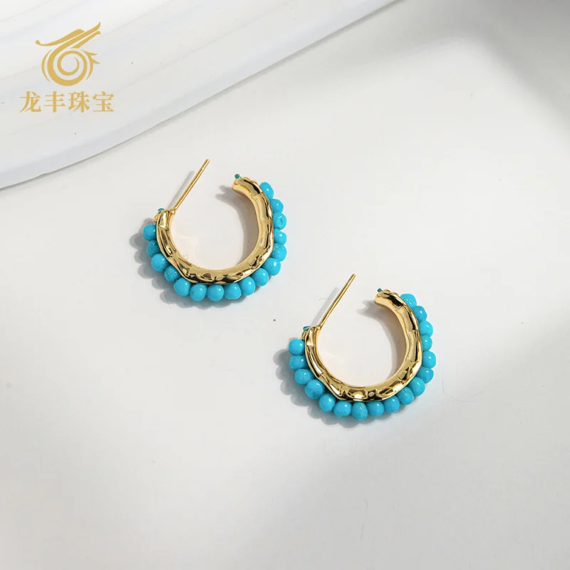 Turquoise Earrings Natural Turquoise S925 Silver Plated 18K Gold Beautiful Turquoise Small Beads C-shaped Earrings