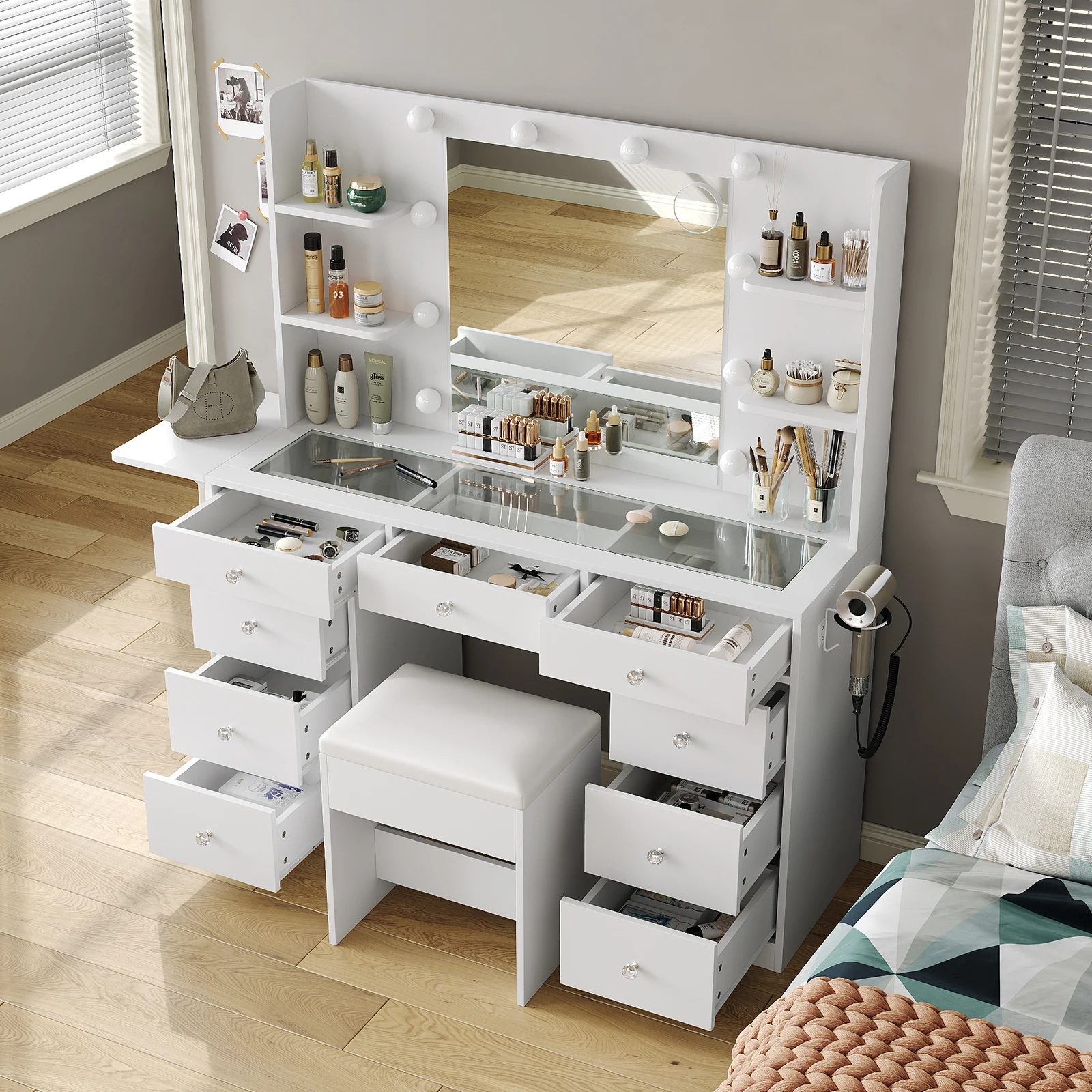 Set di tavolo da trucco bianco di grandi dimensioni, alto 55 pollici, con specchio stile Hollywood, 10 lampadine a LED e 3 modalità di illuminazione regolabili, 9 cassetti e 4 ripiani aperti, piano in