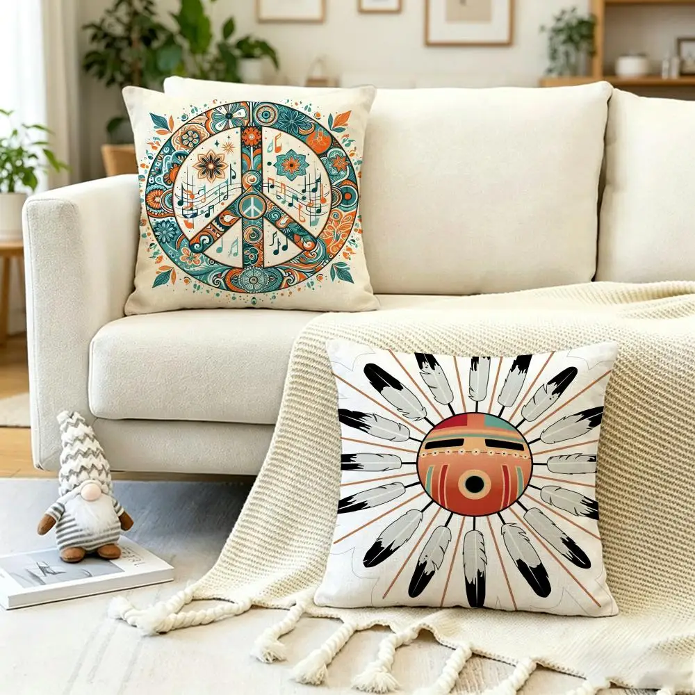 Beautiful N-Native American totem Cushion Cover Anti-dustmite Pillowcase Invisible zipper silky short plush Sofa cushion cover