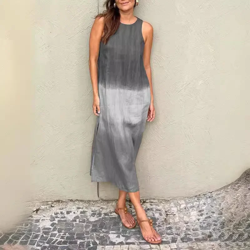 Zomer nieuwe casual katoenen hennep vrouwen mouwloze jurk mode kleurverloop dame vestidos