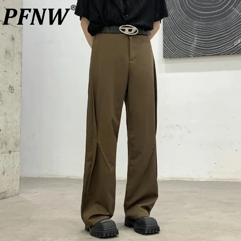 PFNW Dark Style Men's Casual Pants Pleated Solid Color Loose Straight Bottom Wide Leg New Male Trousers Simple Menwear 12C912