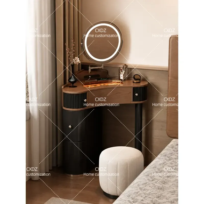 Retro Corner Dresser Small Apartment Makeup Table Bedside Solid Wood Triangular Vanity Integrated Storage Unit