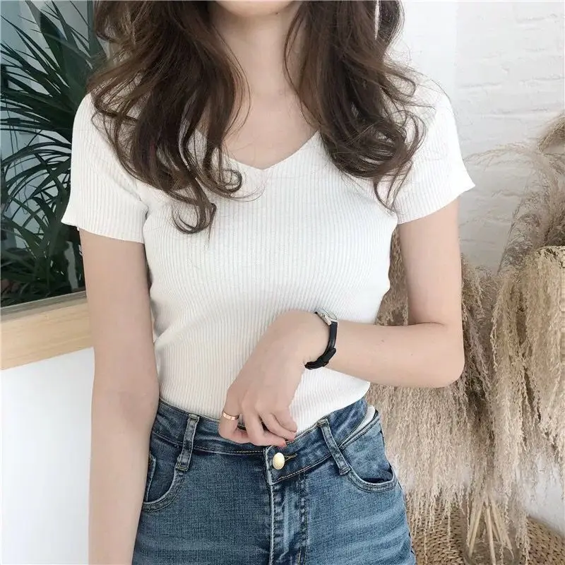 Basic V-neck Solid Thin Summer Pullover Women Female Knitted Ribbed Sweater Slim Short Sleeve Bodycon Sweater