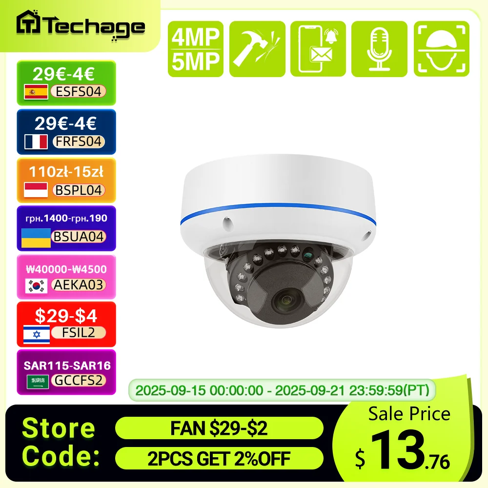 

Techage H.265 4MP 5MP Внутренняя купольная IP-камера 48V POE Одностороннее аудио Антивандальное стекло IPC P2P Видеонаблюдение видеонаблюдения