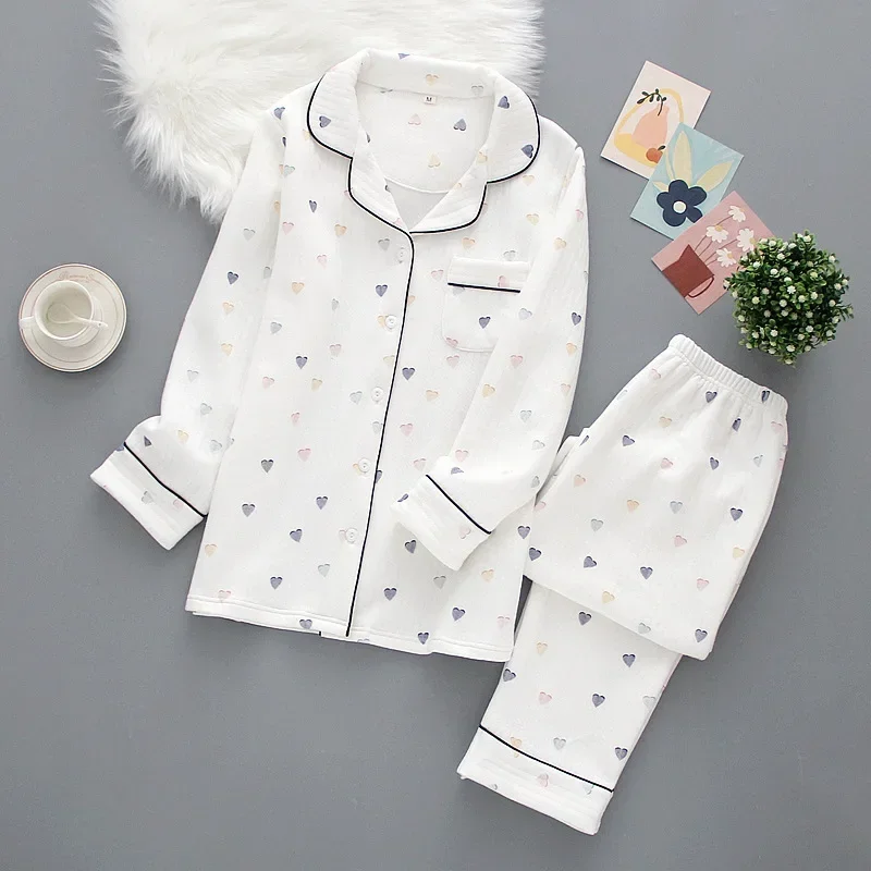 Japanese ladies pajamas set 2024 new autumn and winter air cotton layer thickening long-sleeved cute home clothes pure cotton