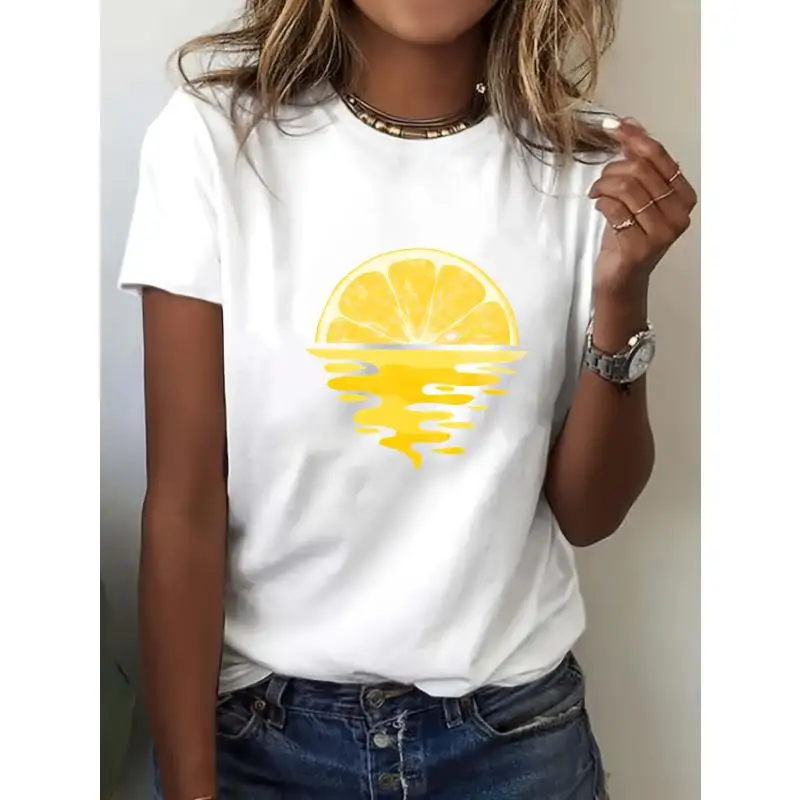 

Women's Summer T-shirt Lemon Water Reflection Print Minimalist Artistic Graphic Tee Casual Holiday Beach Top