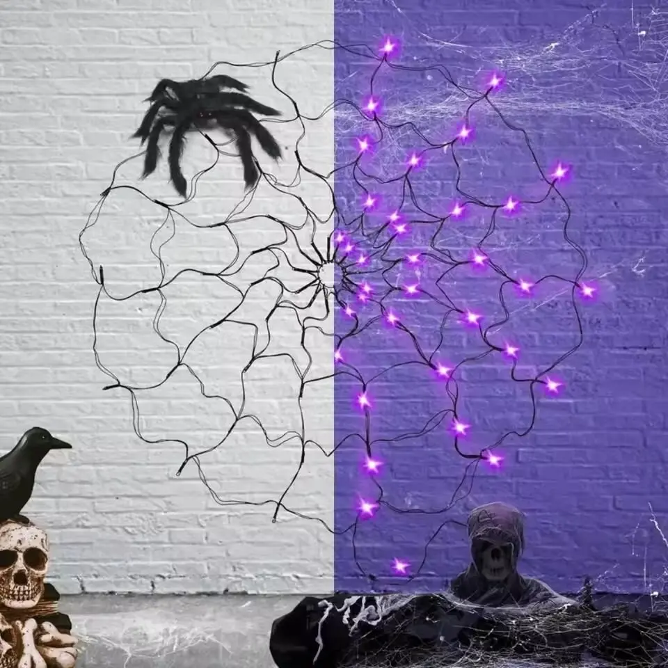 Halloween Spider Web Decoration Light With Giant Hanging Spider&Triangular Web,Indoor/Outdoor Wall Lamp For Haunted House,Party