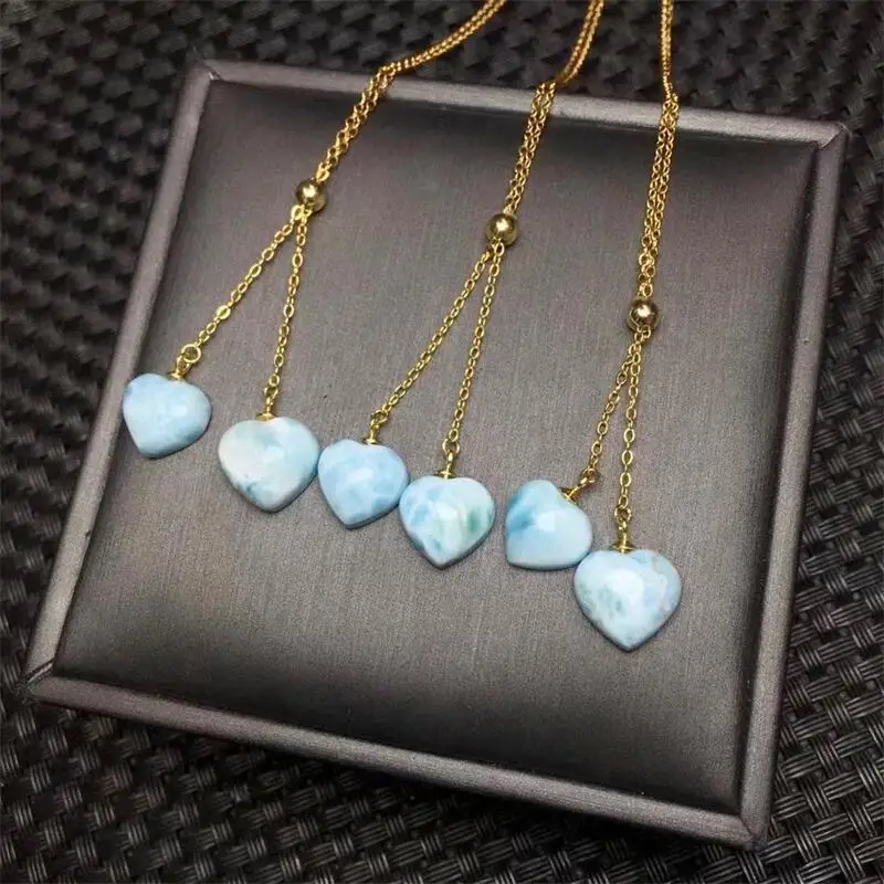 S925 Natural Larimar Double Heart Pendant Carving Healing Reiki DIY Jewelry Accessories Holiday Gift 1PCS