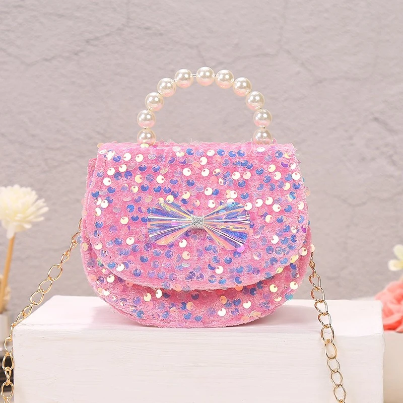 

Bow Sequined Design Children's Flap Shoulder Bags Sweet Baby Girls Round Pearl Handbags Portable Kids Chain Crossbody Bag Purse