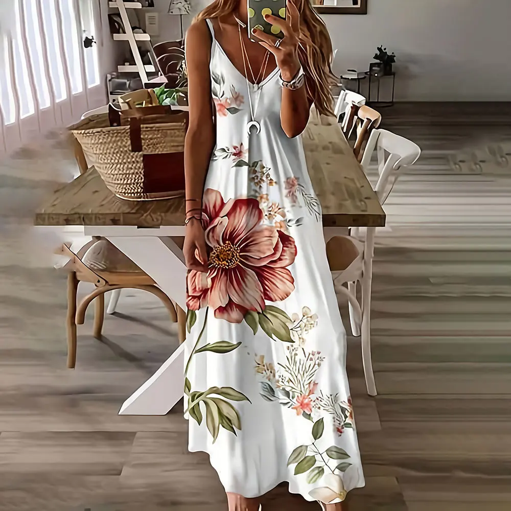 

Women'S Plus-Size Dress 2024 New Retro 3D Floral Full-Body Print Spaghetti Strap Long Dress Hawaii Vacation Casual Dress