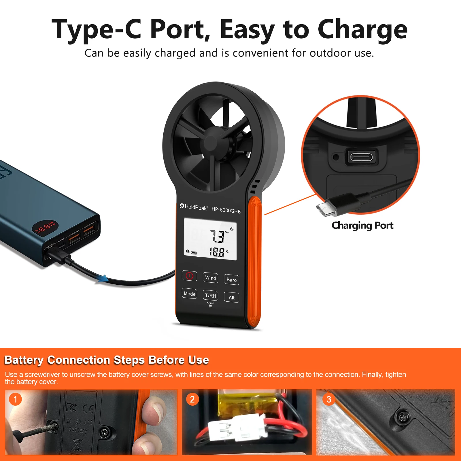مقياس شدة الريح المحمول من HOLDPEAK، مقياس سرعة الرياح الرقمي لـ HVAC، الطيران بدون طيار، الإبحار ومراقبة الطقس، تدفق الهواء المحمول