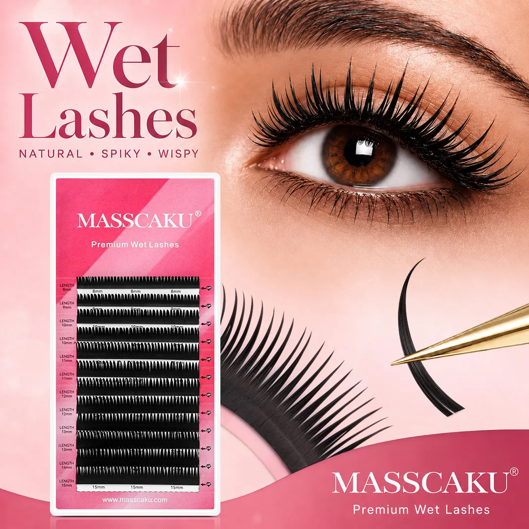 MASSCAKU Flat Root Wet Lashes Eyelash Extensions Spiky Manga Fans Soft Black Wispy Volume Style 0.07mm Mixed 8-15mm