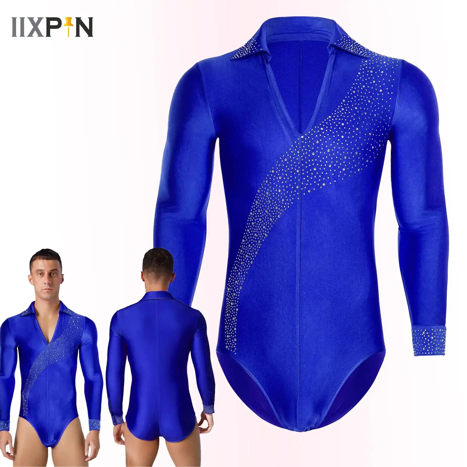 

Mens Long Sleeve One-piece Latin Dance Shirt Shiny Rhinestones Latin Modern Dance Bodysuit Jumpsuit Tops Performance Costumes