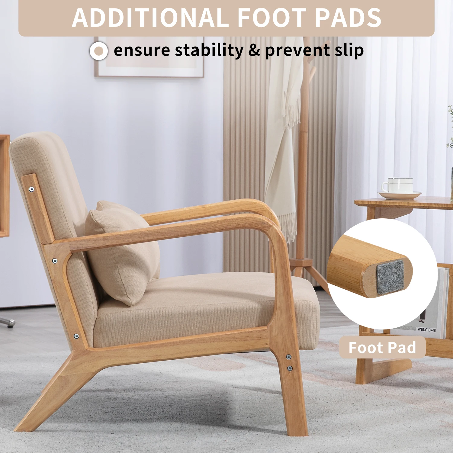 Silla de ocio con reposabrazos y pies de madera maciza, sofá de acento moderno de mediados de siglo, 1 asiento