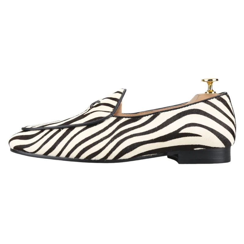 Piergitar Zebra-Striped Cowhair Belgium Loafers Handmade Crossed Leather Slip-On Men's Smoking Slippers Real Fur Moccasin Shoes