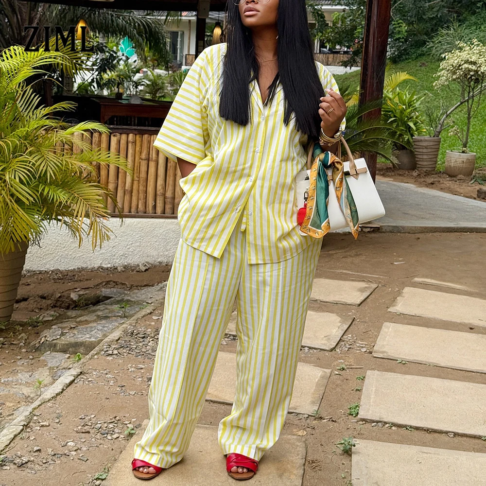 

ZIML пляжный стиль, повседневные утягивающие комплекты из двух предметов в полоску для женщин, топ с короткими рукавами и лацканами, брюки с высокой талией, шикарный комплект, женская мода