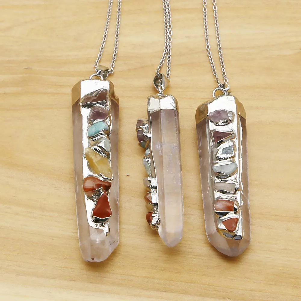 Natural Silver Plated 7 Color White Crystal Pillar Pendants Stainless Steel Chain Necklace Fashion Charms Jewelry Wholesale 4Pcs