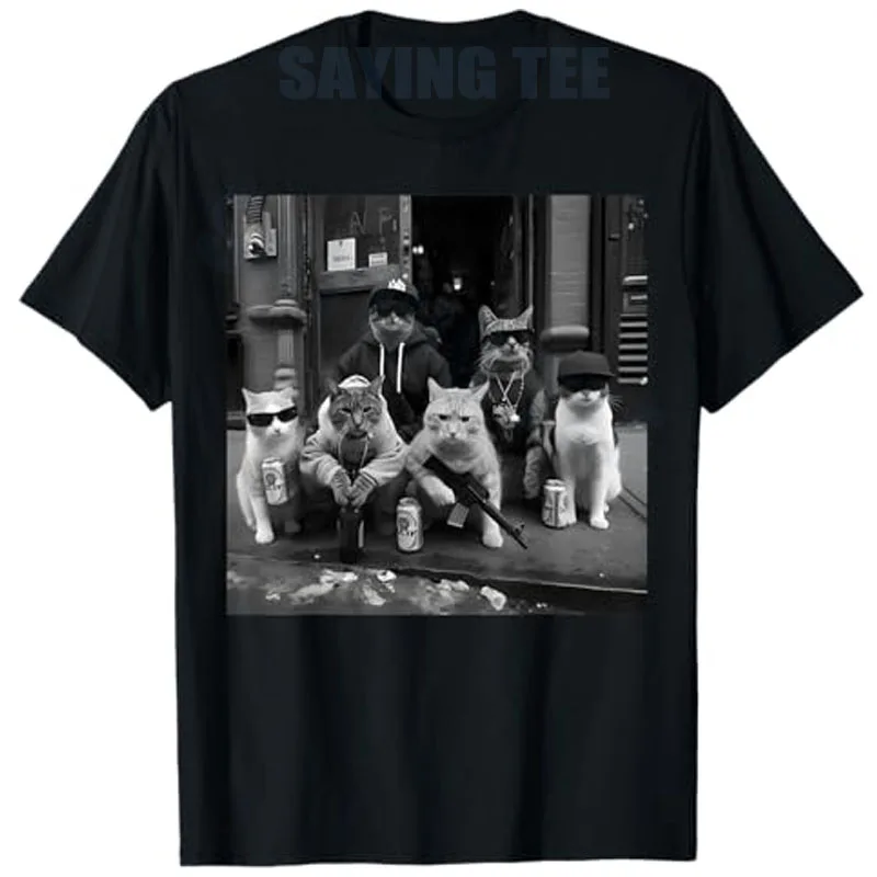 Funny Gangster Cats Street Y2k Design T-Shirt Humorous Kitty Gang Graphic Outfit Cat Dad Mom Novelty Gift Fashion Saying Tee Top