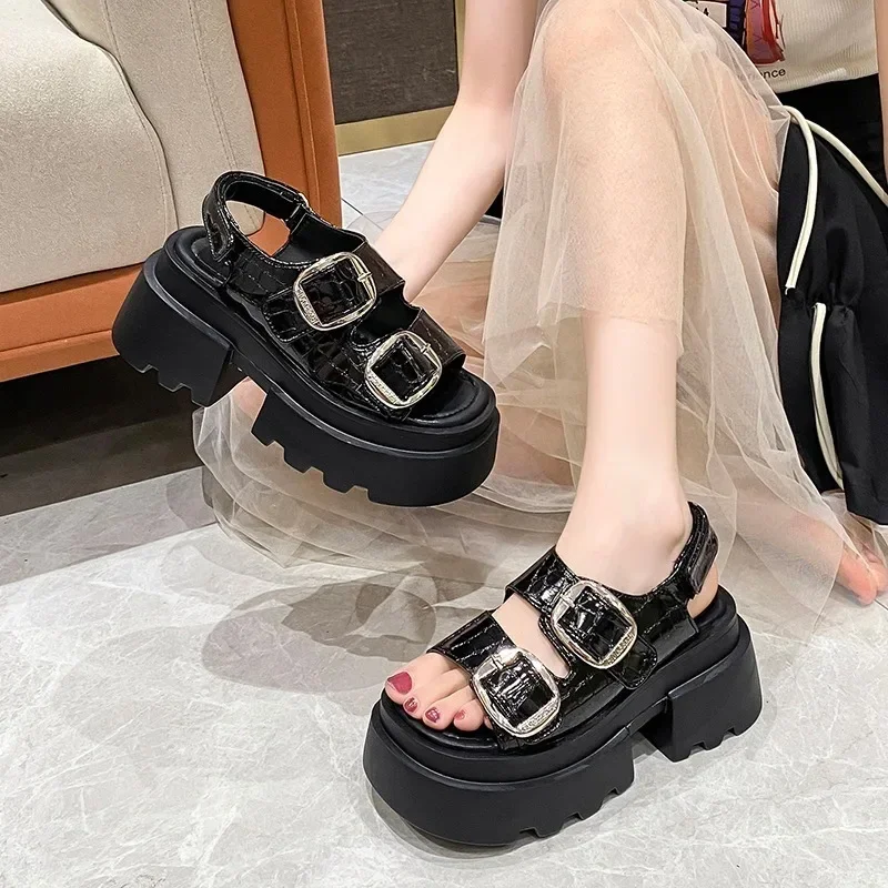 Thick Sole Punk Sandals Women Wrap Toe Hollow Outs Roman Sandalias Casual Beach Slippers Platform Belt Buckle Roman Sandals