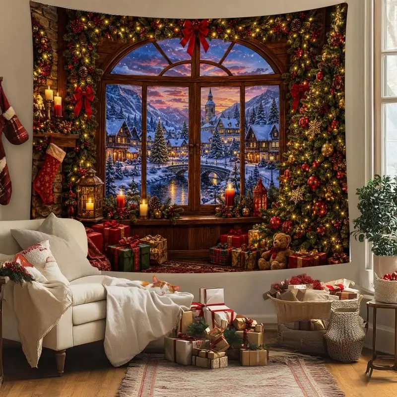 VIKAMA Christmas Wall Tapestry Set of 4, Fireplace Window Snow Nativity Scene Festive Holiday Party Decor for Living Room
