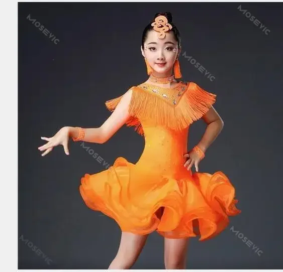 1pcs/lot children organza tassel latin dress girl rhinestone latin Tango Rumba Samba Costume