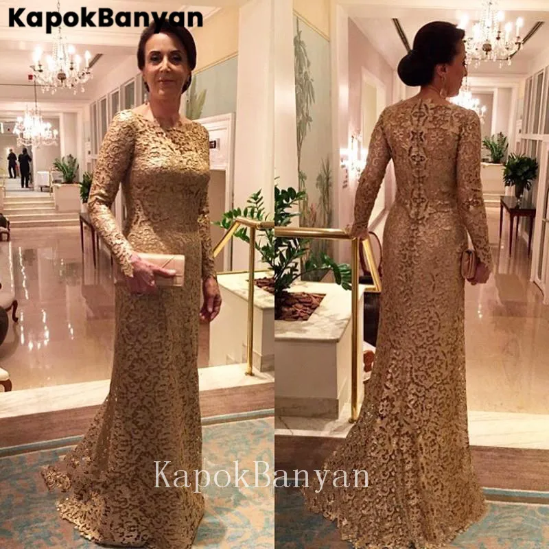 Gold Lace Scoop Neck Long Sleeves Zipper Mermaid Sweep Train Mother of the Bride Dress Long Evening Gown for Woman