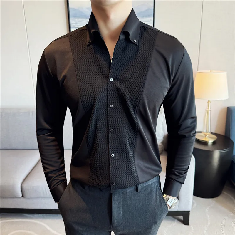 

Men Dress Shirt Long Sleeve 2024 Autumn Personalized Splicing Solid Casual Solid Banquet Wedding Elastic Slim Fit Tuxedo Shirts