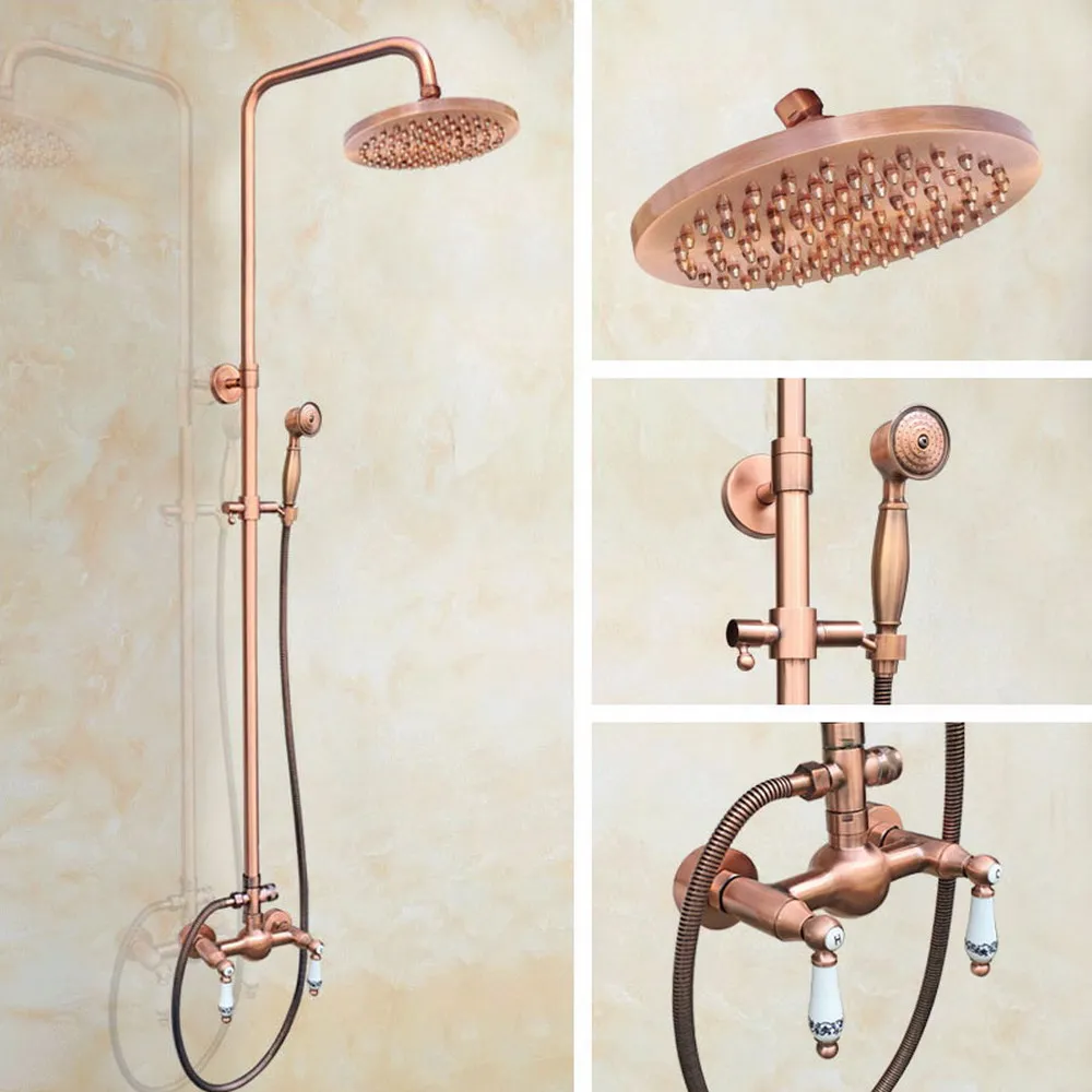 Antique Red Copper Bathroom Wall Mounted Rain Shower Faucet Set Mixer Tap arg553