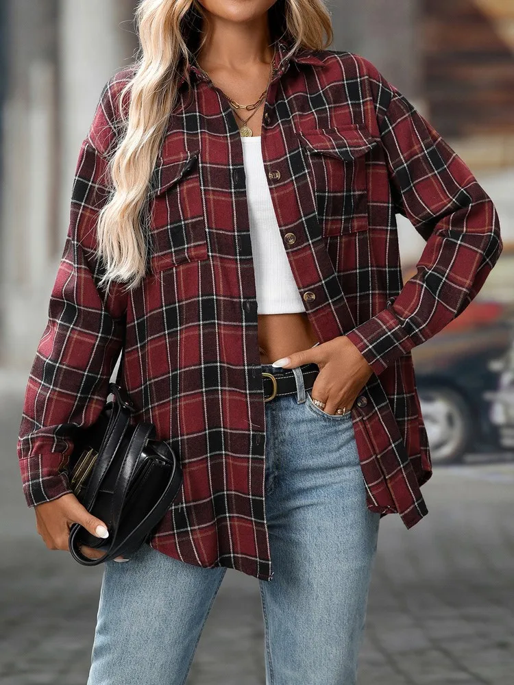 

New Autumn Winter Casual Women Buffalo Plaid Pocket Long Sleeve Loose Shirt, Vintage Lady Blouse Tops, Streetwear Women Clothing
