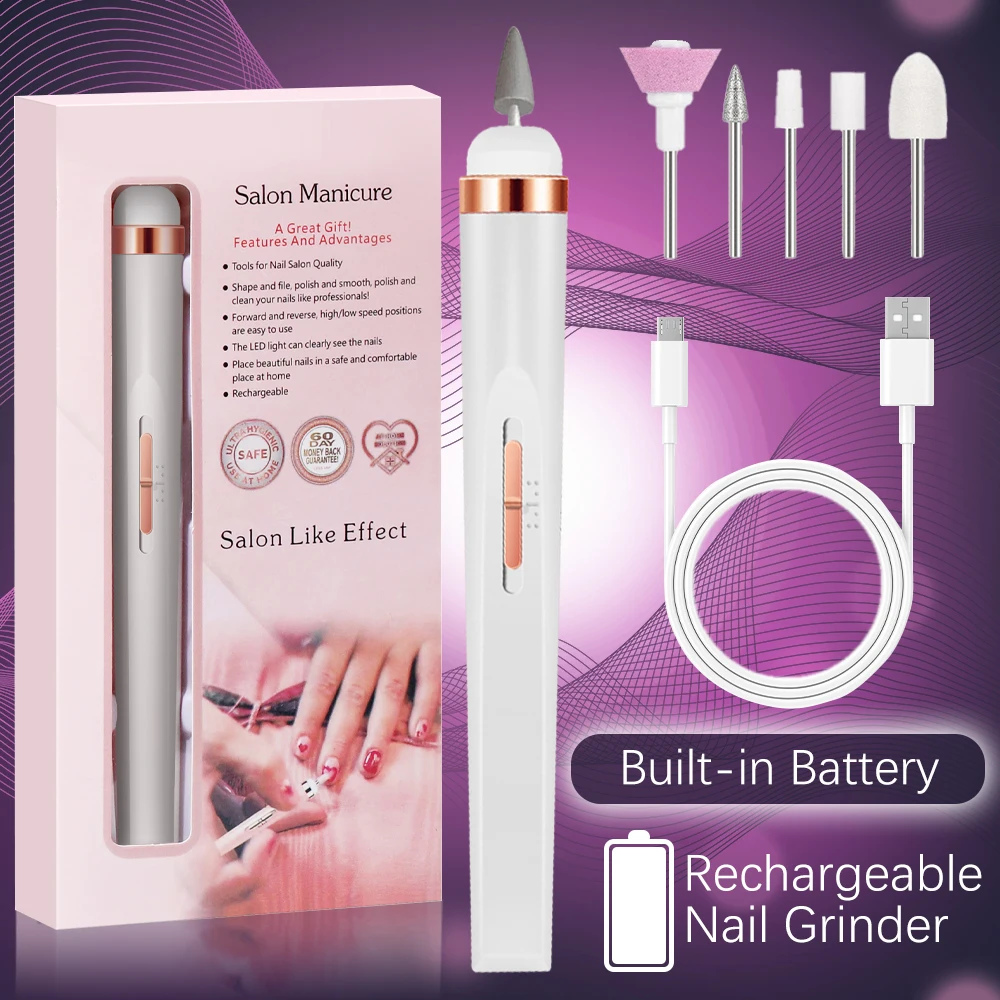 YIKOOLIN 5-in-1 elektrische nagelvijl Elektrische nagelboren met LED-licht 4 snelheden draadloze nagelboorverzorging Handmanicure gereedschapsset