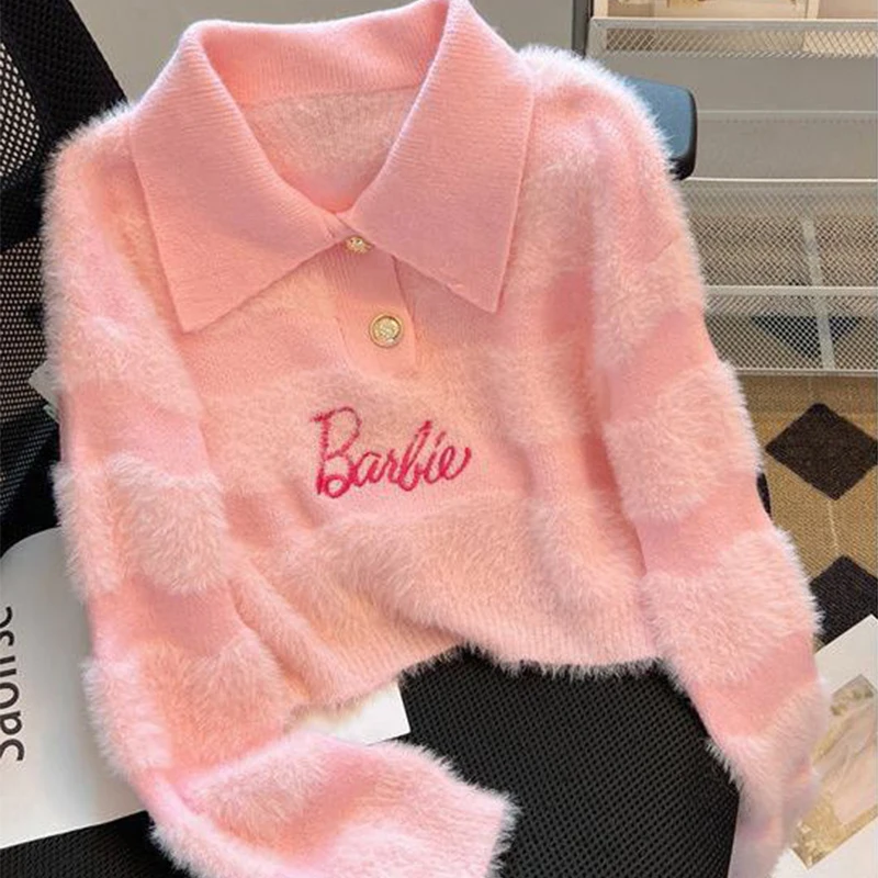 

Sanrio Barbie Pink Imitation Mink Wool Polo Collar Knitted Sweater Women's Autumn&winter Embroidered Striped Long Sleeve Trendy