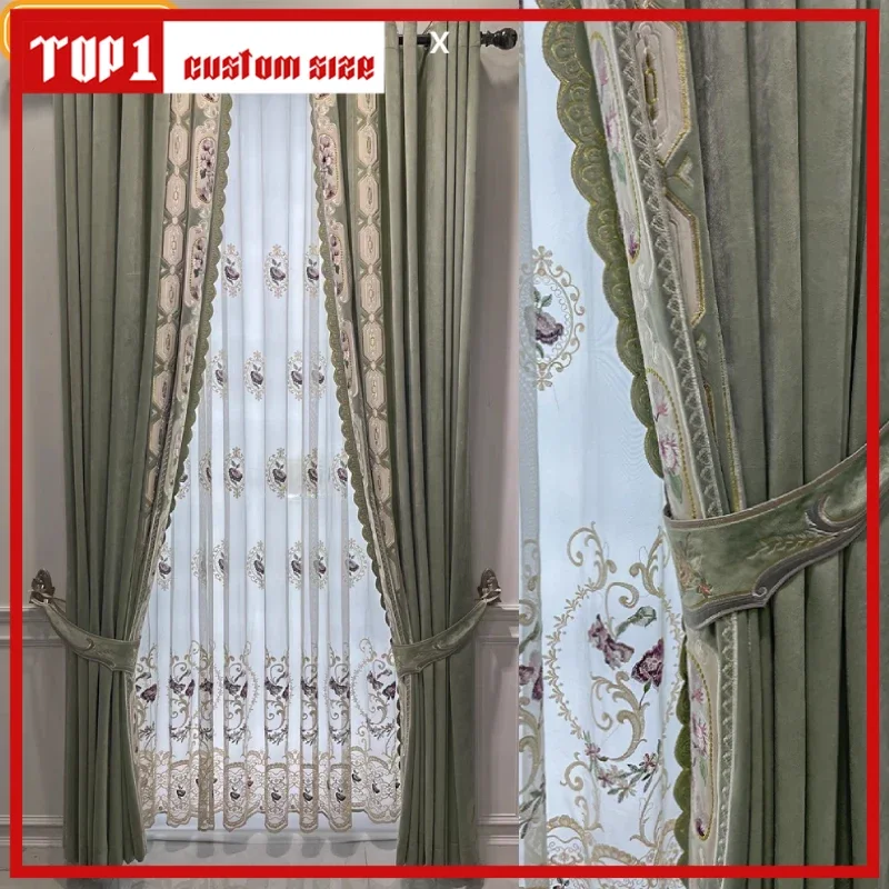 

Villa Custom Embroidered Window Screen Green Velvet Thickened Curtains For Living Room Bedroom French Window Balcony