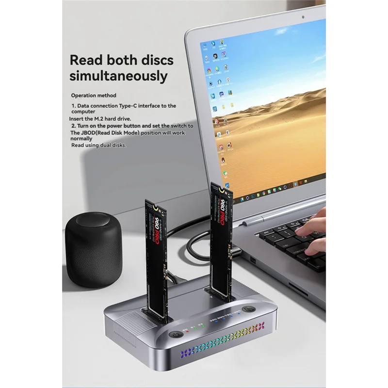 L53A-듀얼 베이 M.2 RGB NVME NGFF SSD 도킹 스테이션, USB3.2 GEN2 타입 C 20Gbps 데이터 전송, 오프라인 클로너 지원