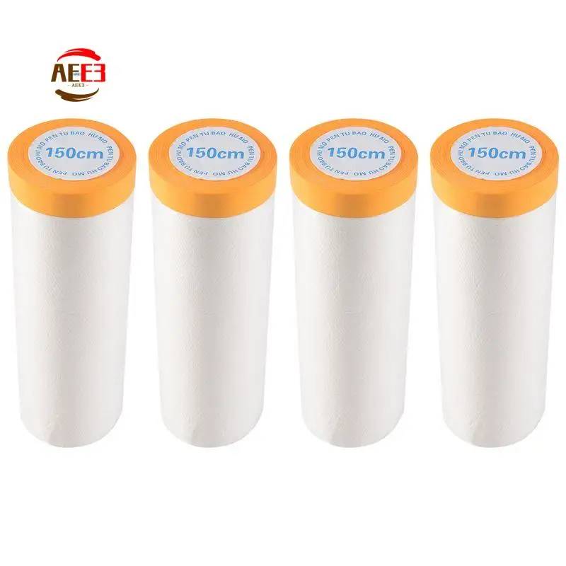 AEE3-4 Rolls Clear Plastic Sheeting 4.9X 65.5 Ft Pre-Taped Masking Film Drop Cloths For Painting Automotive Painting Covering