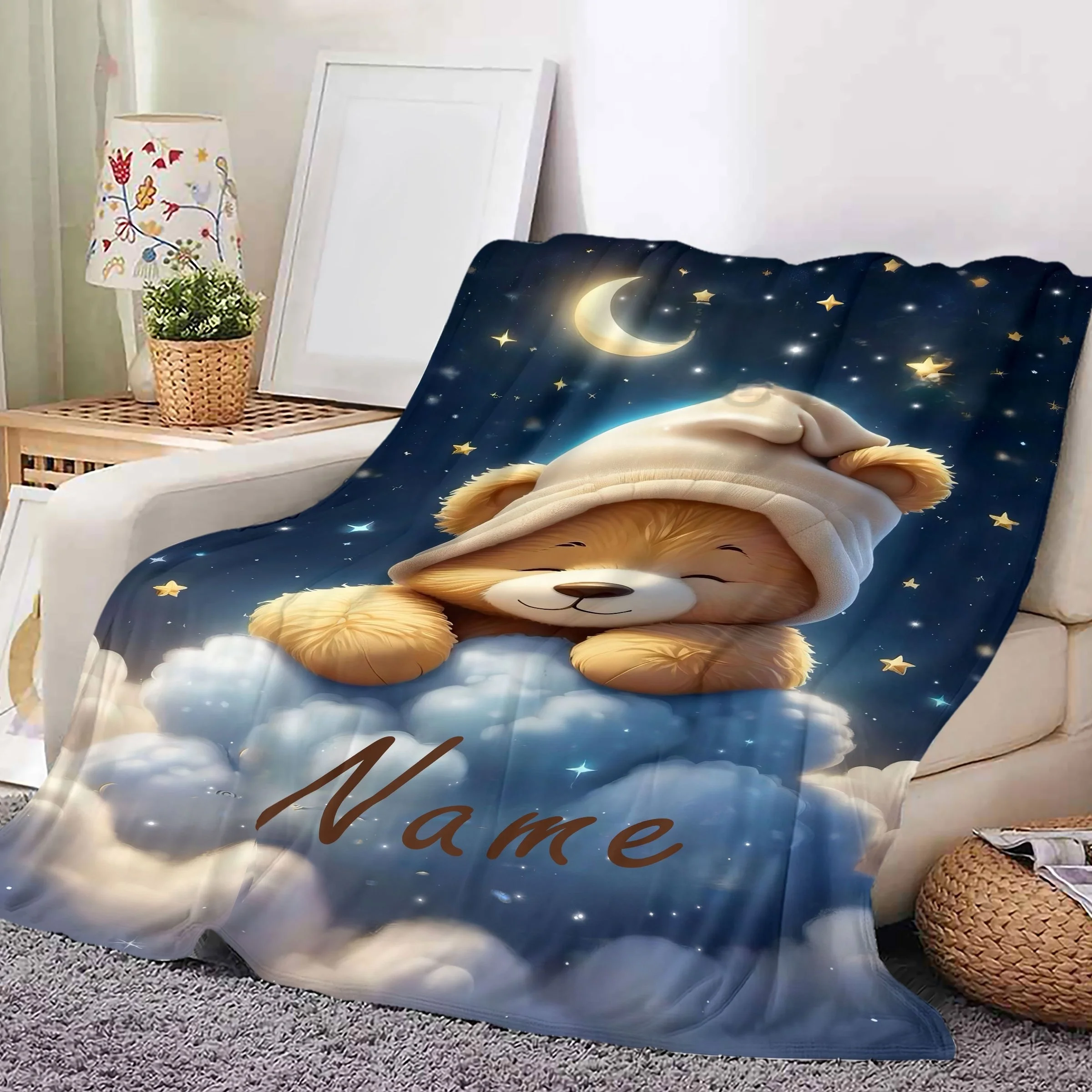 1 Teddy Bear Blanket with Customizable Name, Modern Flannel, Soft and Warm, Digital Printing, Dry Cleaning Only