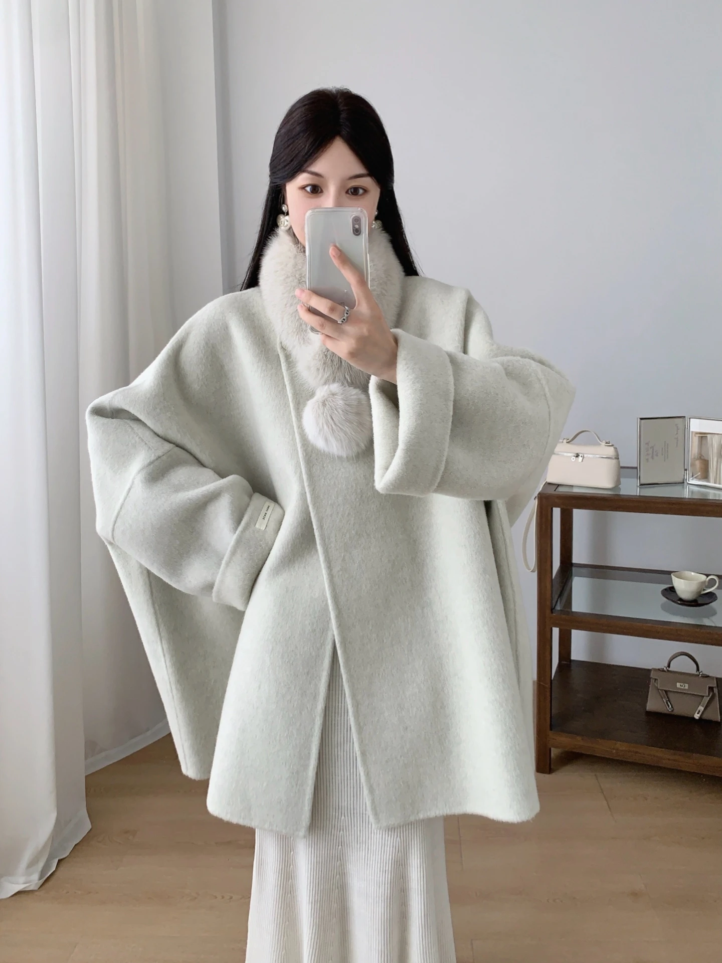 

Ele Korean Sle Women's Double-Faced Woolen Cloak Coat Fur Collar Warm Long Sve Mid-Length Faionable Outerwear