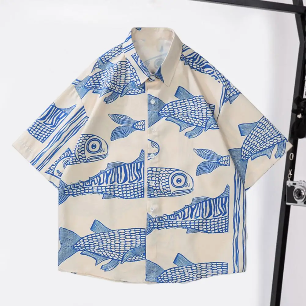 Men Beach Shirt 3D Fish Print Short Sleeves Summer Shirt Turn-down Collar Single-breasted Men Top Male Clothes For Daily Wear