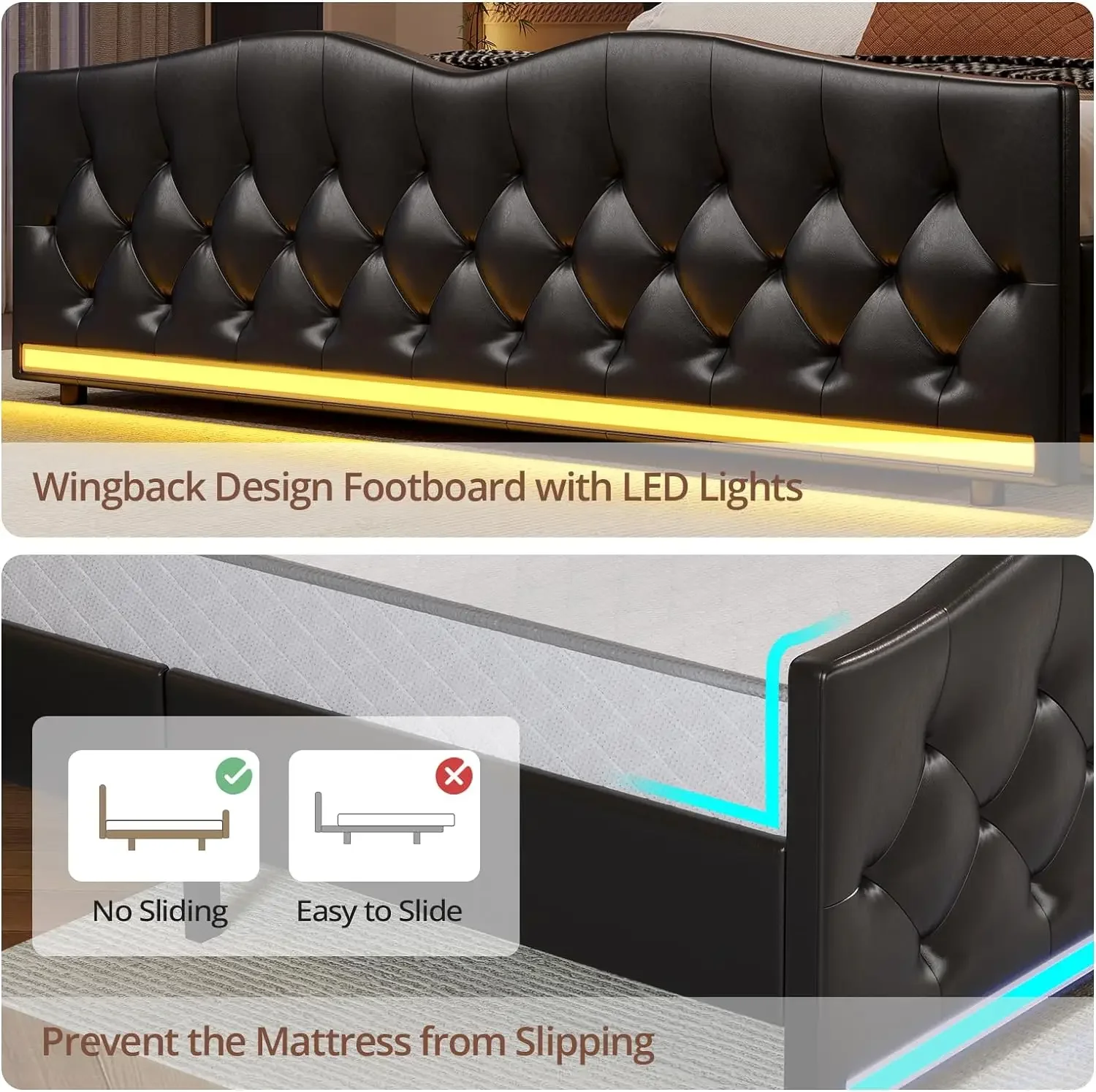 Bed Frame Tall Headboard with LED Lights & Charging Station, Upholstered Wing Headboard & Footboard, Heavy Duty Wooden Slats