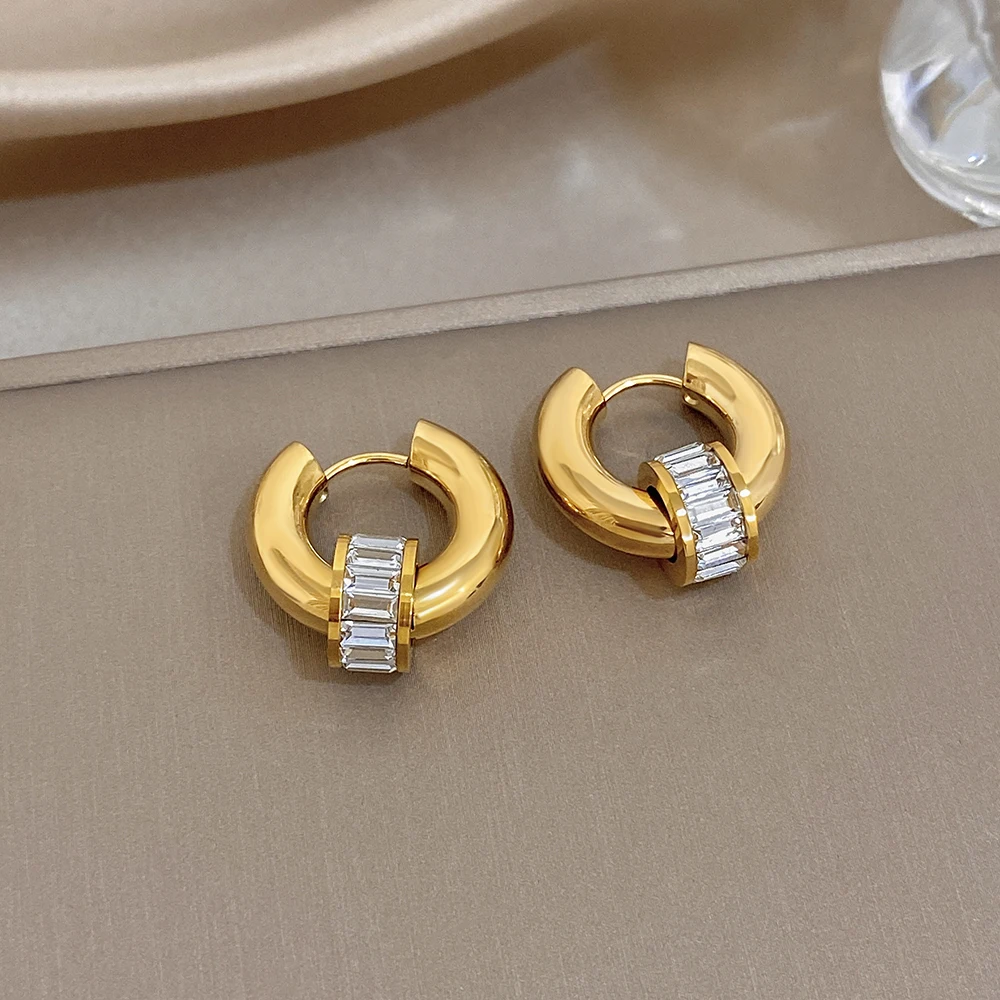 

DODOHAO Minimalist Double Ring Zircon Stainless Steel Earrings for Women Chunky Golden Waterproof Earrings Casual Wear Jewelry