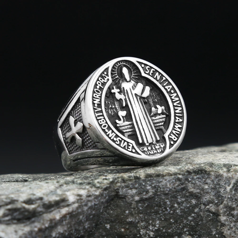 Vintage 316L Stainless Steel Saint Benedict Rings For Men Women Fashion Religious Cross Protective Jewelry Gifts Dropshipping
