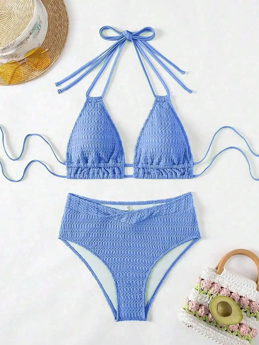 Women Solid Color Halter Tie Bikini Set Summer Beach Swimwear