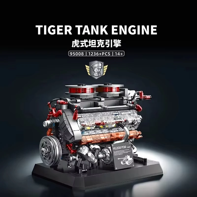 1236 Pcs Tiger Tank Engine MOC, Detailed V12 DIY Model with Printed Parts & Moving Crankshaft for Home Display, Challenging Gift