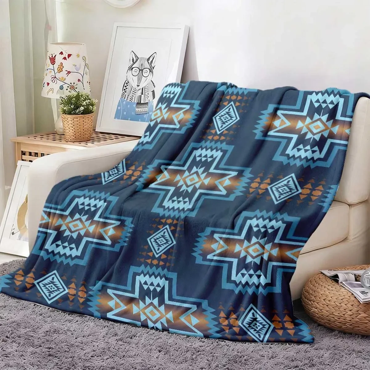 Native Tribal Star Throw Blanket, Dark Blue Southwest Navajo Geometric Print Cozy Flannel Blanket for Bedroom Sofa Home Decor