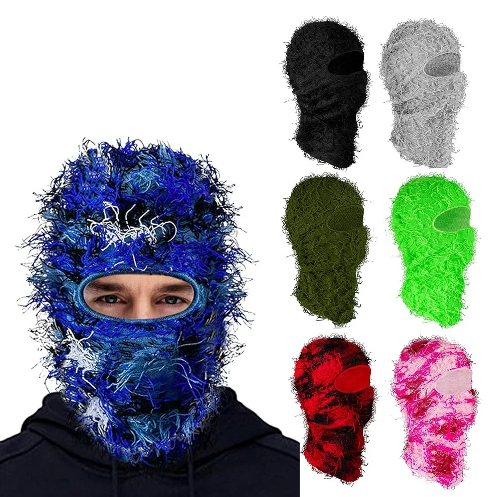 

Motorcycle Hip Hop Balaclava Distressed Knitted Caps Full Face Ski Mask Women Outdoor Camouflage Fuzzy Ski Balaclava Beanies Hat