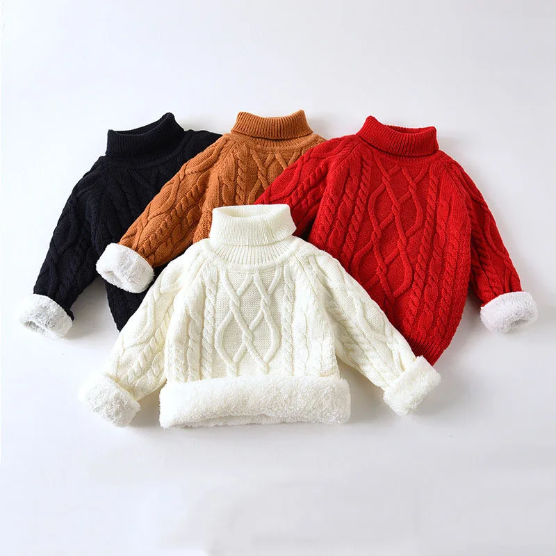 

Baby Girl's High Neck Sweater, Children's Winter Thick Knitted Pullover Sweater Lined with Fleece, Boys' Winter Warm Sweater