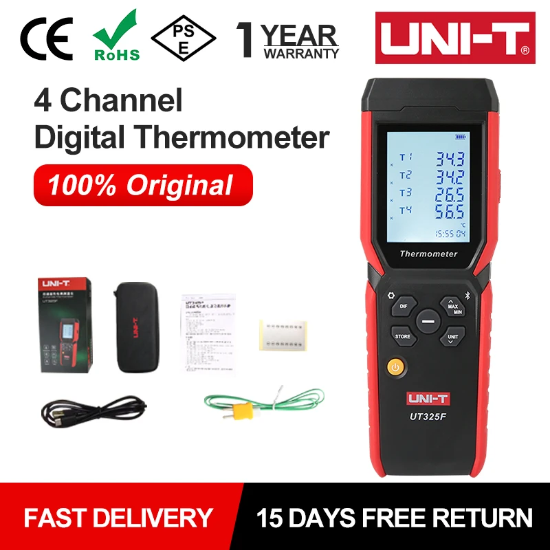 UNI-T Digital Thermometer 4 Channel UT325F Temperature Tester J/T/E/R/S/N/K Type Thermocouple Bluetooth Data transmission